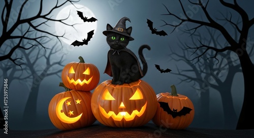 Halloween Witch Cat with Pumpkins and Bats