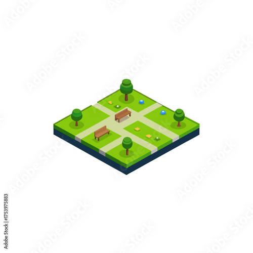 Isometric view of a park with benches trees on transparent background