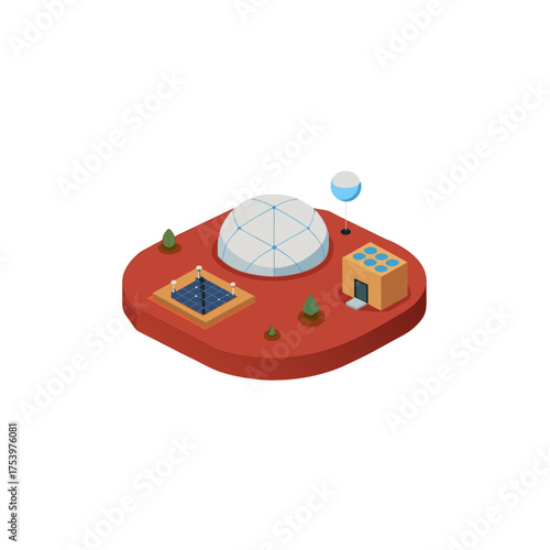 Isometric view of mars colony with dome and on transparent background