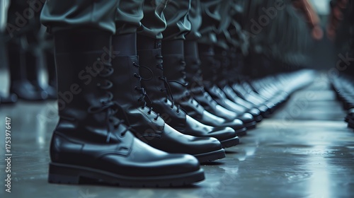 Close-up of black uniform boots lined up in a synchronized formation on a polished floor. Clean composition, shallow depth of field and strong sense of rhythm and discipline