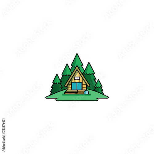 A frame cabin surrounded by green trees on transparent background