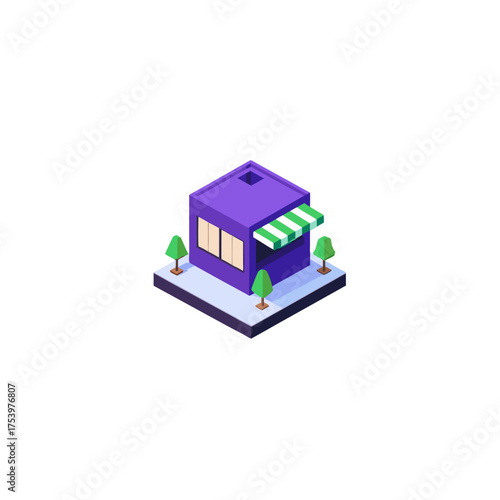 Isometric shop with trees and striped awning on transparent background