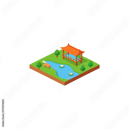 Isometric park scene with pond and gazebo on transparent background
