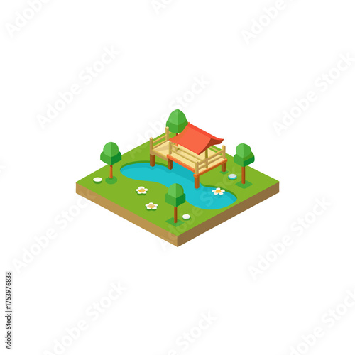 Isometric park scene with pond and gazebo on transparent background