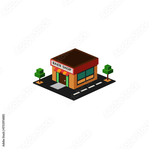 Isometric view of a small baer shop scene on transparent background