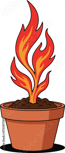 Stylized illustration of a potted plant with flames instead of leaves fire
