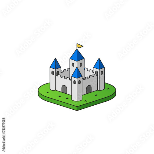 Isometric castle with blue turrets and flag on transparent background