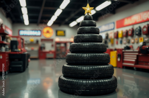 Christmas tree made of car tires on a blurry background with yellow lights. Christmas greeting card from a car repair shop. free space for text	