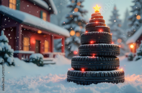 Christmas tree made of car tires on a blurry background with yellow lights. Christmas greeting card from a car repair shop. free space for text