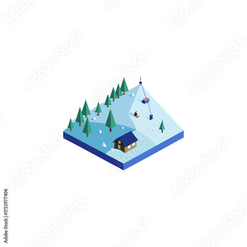 Isometric view of a winter ski resort scene on transparent background