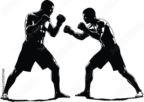 Dynamic Silhouette of Two Boxers in Fighting Stance Ready for Combat Black and White Vector Art