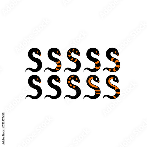 Collection of snakes in a row formation on transparent background