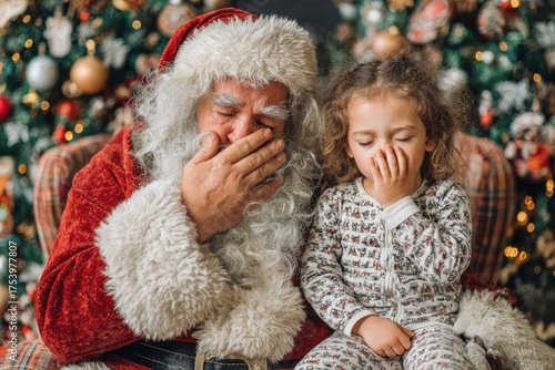 A cute little girl sitting next to Santa Claus, both looking happy and festive. Santa Claus has his hand over his mouth and eyes, sharing a moment of joy with the girl.