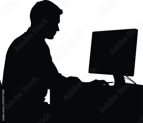 Man working on computer silhouette isolated on white background
