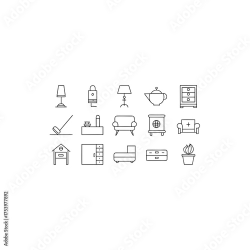 Assorted household items in outline style on transparent background