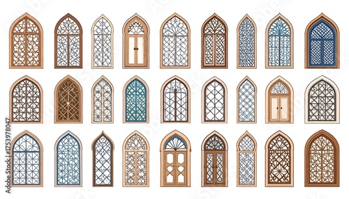 Collection of various arched windows and doors with intricate wood details