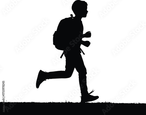 Silhouette of a boy with a backpack running on grass black and white vector graphic