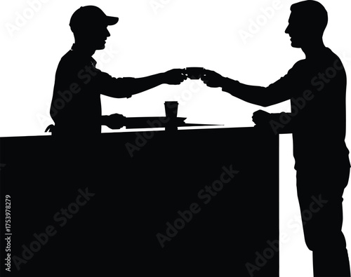 Barista serving customer at coffee shop counter black and white silhouette vector illustration