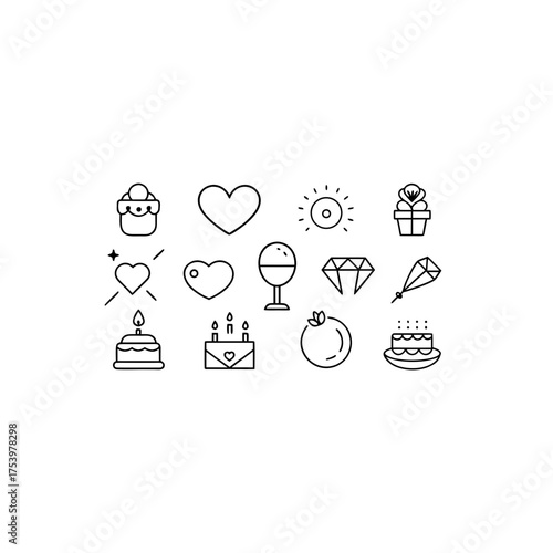Assorted celebration themed outline icons on transparent background