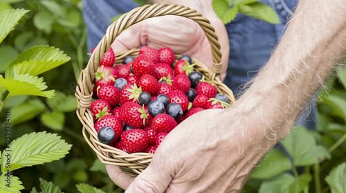 Freshly picked berries in a woven basket held by hands, healthy organic summer fruit