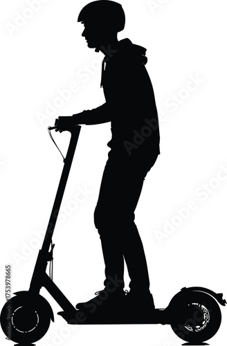 Black silhouette of a person riding an electric kick scooter wearing a helmet, side view, vector graphic on white background
