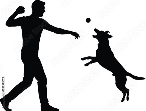 Man playing fetch with jumping dog silhouette vector illustration