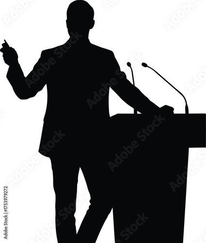 Male speaker silhouette at podium with microphones delivering a presentation conference speech black and white vector graphic