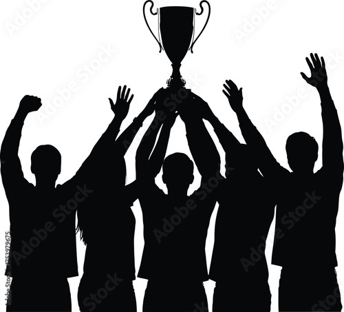 Team Celebrating Victory Holding Trophy Silhouette Vector