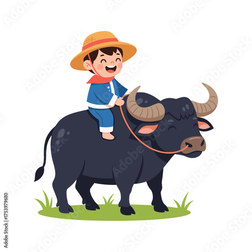 Happy cartoon boy in a straw hat riding a water buffalo, depicting traditional farming or rural Asian lifestyle.