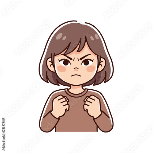Angry Young Girl with Fists Clenched and Frowning Expression, Showing Frustration