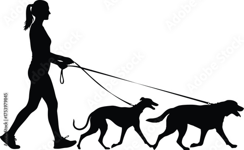 Active Woman Walking Two Dogs on Leashes Black Silhouette Vector Graphic