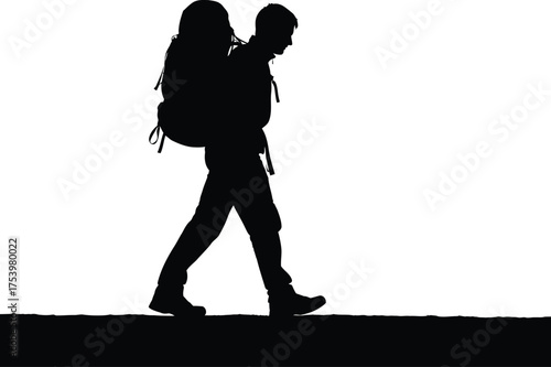 Hiker with Large Backpack Silhouette Walking on White Background Vector Graphic