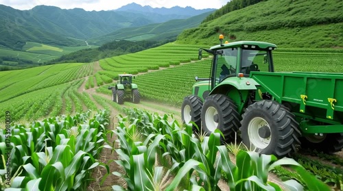 Modern agriculture: Tractors on terraced green fields with scenic mountain backdrop