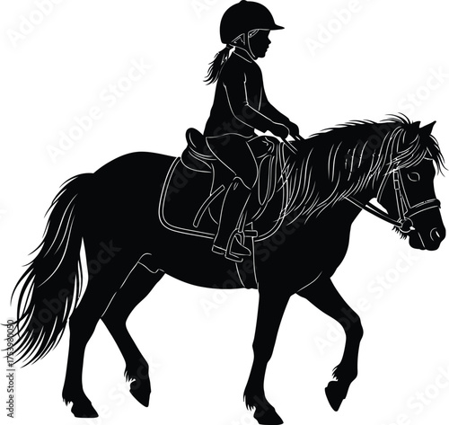 Black vector silhouette of a child riding a horse or pony, isolated graphic illustration
