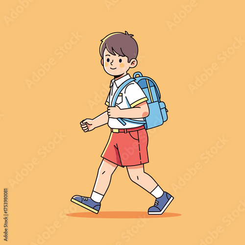 Adorable young schoolboy wearing a white shirt, red shorts, and a blue backpack, walking cheerfully to school.