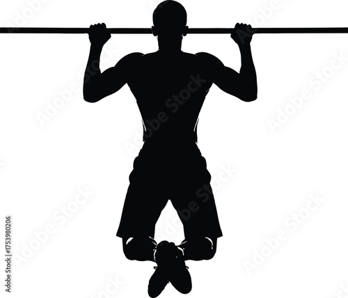 Silhouette of a muscular man performing a pull-up exercise on a horizontal bar isolated on white background gym fitness workout concept