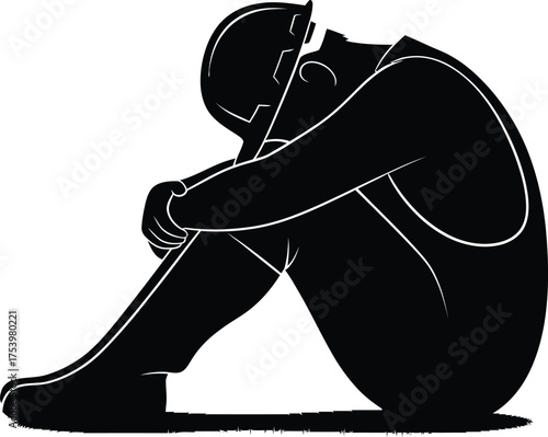 Silhouette of a depressed person curled up on the ground feeling lonely and in despair, minimalist black and white vector graphic