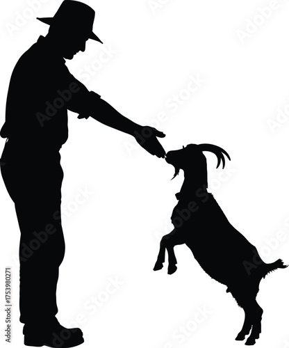 Black Silhouette of a Man in a Hat Feeding a Goat Vector Graphic