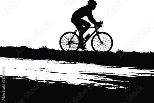 Black and White Silhouette of Cyclist on Road Vector Graphic Illustration