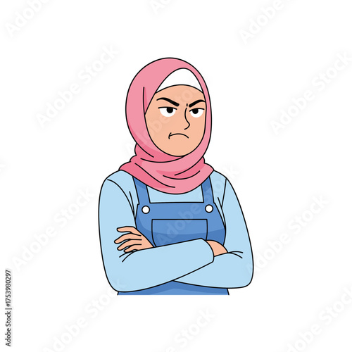Angry Muslim Woman with Arms Crossed in Pink Hijab and Overalls Displaying Annoyance