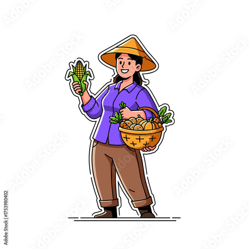 Smiling Full Body Female Farmer in Conical Hat with Corn and Vegetable Basket