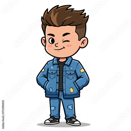 A cool cartoon boy wearing a full distressed denim outfit (jacket and pants) is standing and winking.