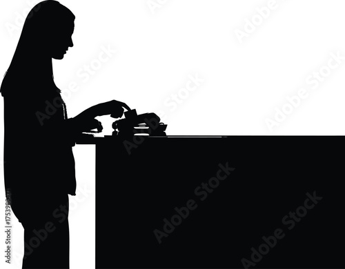 Minimalist Black Silhouette of Woman Operating a Machine on a Counter