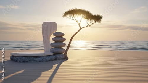 A beach scene with a wooden sculpture, stacked stones, and a small tree bathed in sunset. The scene evokes tranquility and balance