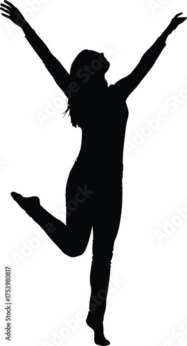 Happy woman silhouette arms raised in celebration freedom and triumph
