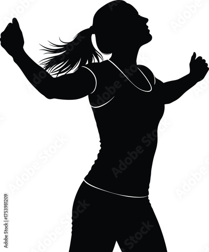Empowered Woman Silhouette with Arms Raised and Ponytail Celebrating Success and Freedom