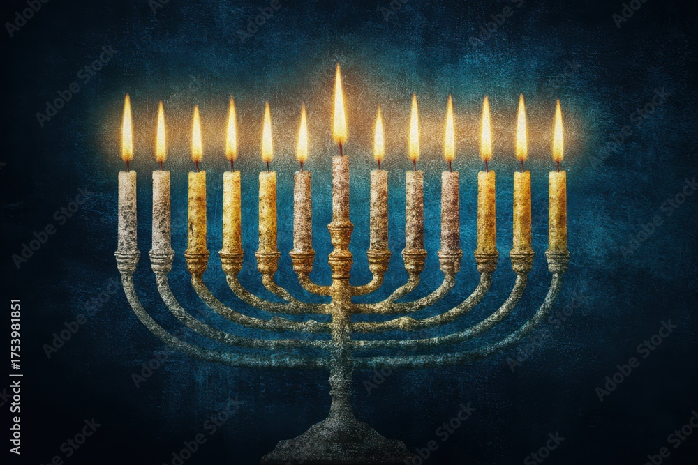 Fototapeta premium A menorah with candles lit in the dark, symbolizing the celebration of Hanukkah, the joyous Jewish holiday.