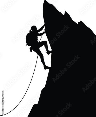 Rock Climber Silhouette Vector Illustration on Steep Mountain Peak