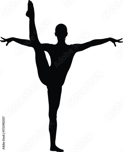 Graceful dancer or gymnast in flexible high leg extension pose black silhouette on white background vector graphic