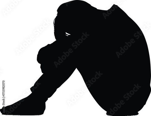 Black Silhouette of a Person Sitting Curled Up in Sadness and Despair Vector Isolated on White Background